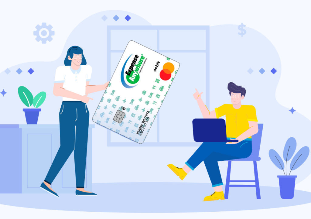 One person giving a business debit card to the other for a transaction