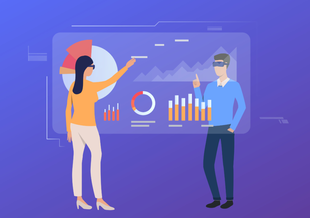 people tapping on virtual screens to see total company spend graphs