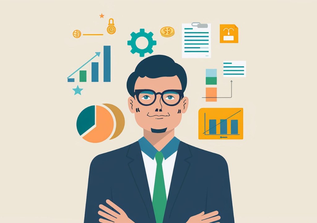 a CFO looking at the camera while thinking about all the financial analysis